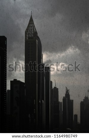 Moody skyline during heavy rain. 
