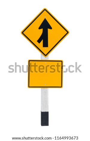 Merge left lane road traffic and warning sign isolated on white background . Awareness of driving and travel concept.