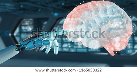 White man humanoid on blurred background creating artificial intelligence 3D rendering