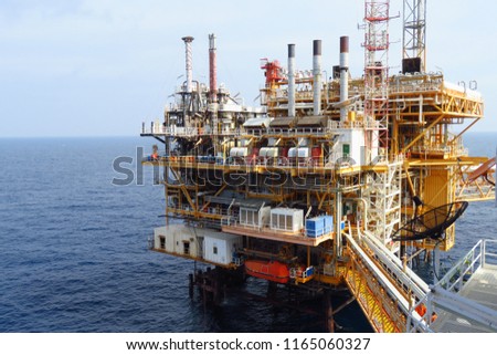             Offshore construction platform for production oil and gas, Oil and gas industry and hard work,Production platform and operation process by manual and auto function, oil and rig industry an