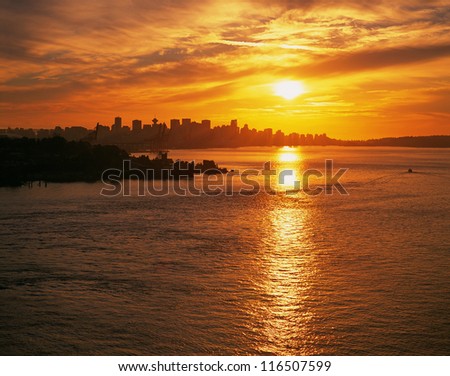 Vancouver - skyline with sunset and Burrard Inlet