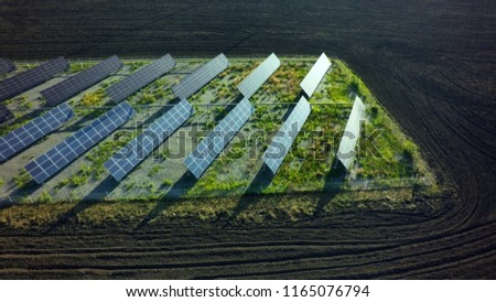 Solar Panels Battery in power station Alternative Energy from the sun. Aerial shot