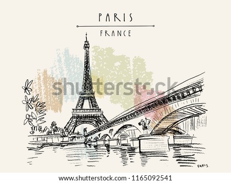 Eiffel Tower in Paris, France. Bridge and water. Hand drawing in retro style. Travel sketch. Vintage hand drawn touristic postcard, poster or book illustration in vector Royalty-Free Stock Photo #1165092541