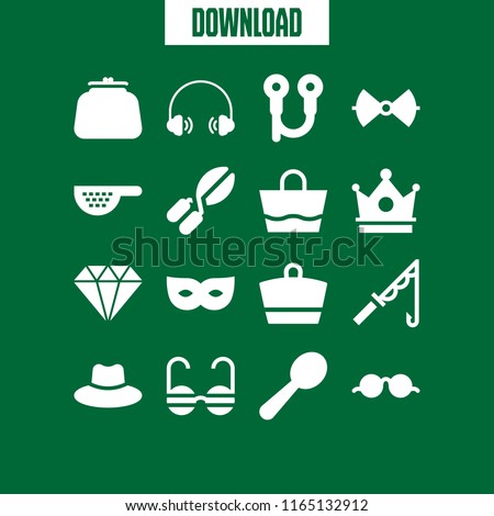 16 accessory vector icon set with beach bag, earphones, purse and precious stone shape from side view for jewelery icons for mobile and web