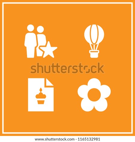 4 colorful vector icon set with hot air balloon, group, flower and birthday card icons for mobile and web