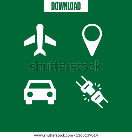 4 trip vector icon set with car frontal view, map pin, seat belt and airplane icons for mobile and web