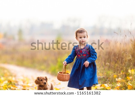 Cute little girl walking in autumn forrest holding basker and wearing jeans dress, with cocker spaniel puppy. Autumn time