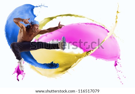Dancer jumping on the background color splashes