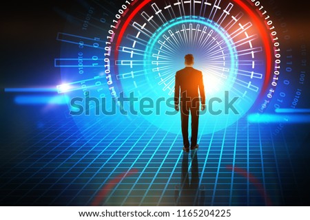 Rear view of a young businessman entering abstract glowing immersive futuristic user interface in red and blue. Concept of hi tech and innovation. Toned image double exposure mock up