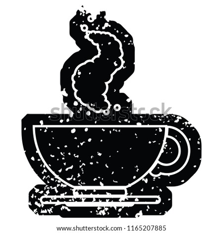 Distressed effect vector icon illustration of a hot cup of coffee