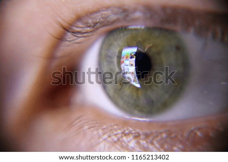 Human green eye looking at the screen of the smartphone.
