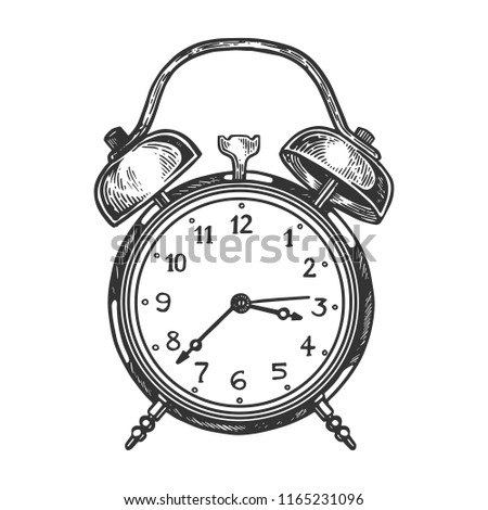 Alarm clock engraving raster illustration. Scratch board style imitation. Black and white hand drawn image.