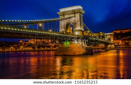 The Chain Bridge (Szechenyi Lanchid) at night Budapest. Budapest, Hungary. Royalty-Free Stock Photo #1165235215