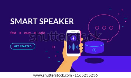 Smart speaker, voice command device with integrated virtual assistant. Flat vector neon website template and landing page design of human hand holds smartphone connected to speaker with speech bubble