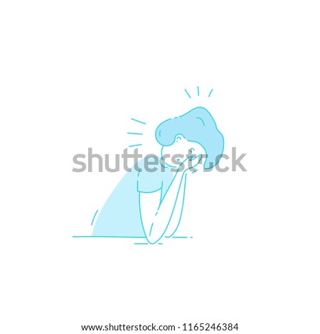 Sick stressed dizzy person touches her forehead and is dizzy. Vector hand drawn illustration. Man suffering from vertigo, dizziness, headache pain portrait