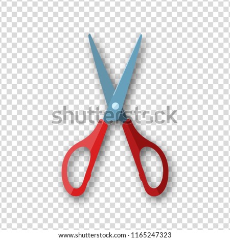 Open scissors icon with red handle in flat style with soft shadow