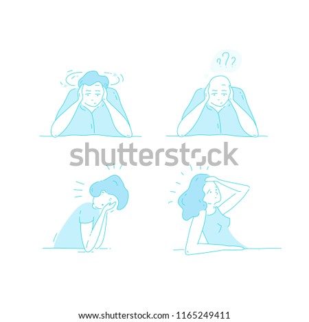 Sick stressed dizzy person touches her forehead and is dizzy. Vector hand drawn illustrations collection. Man suffering from vertigo, dizziness, headache pain portrait