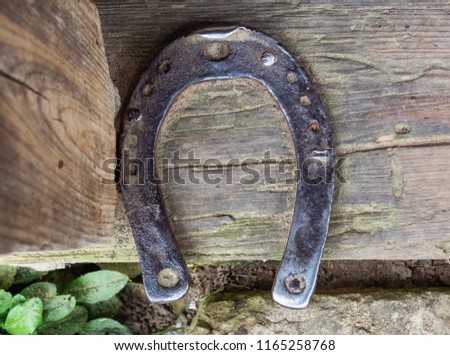 Old rustic horseshoe on a wooden doorway. Horse shoe is a symbol of good luck and fortune