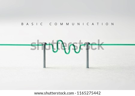 Communication. Two entities or network being connected with green wire with wave form or transmission in middle. Communication, Networking, social media, internet communication abstract. 
