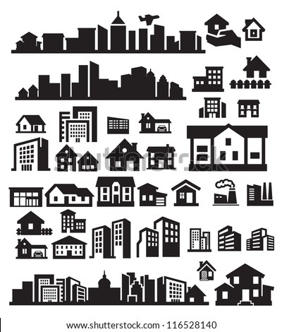 vector black houses icons set on gray