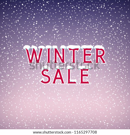 Holiday Winter Background ,Snow on the Letters Winter Sale, Snowfall , White Snowflakes on Purple Background, Vector Illustration