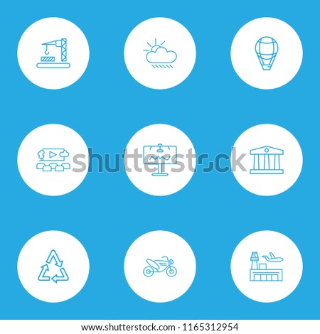 Public. Skyline icons line style set with recycle, airport, open air cinema and other industry elements. Isolated vector illustration public. Skyline icons.
