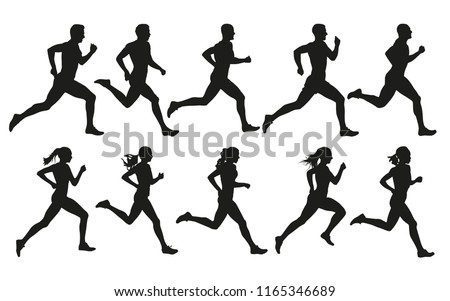 Run. Running men and women, vector set of isolated silhouettes Royalty-Free Stock Photo #1165346689