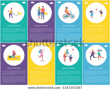 People in park posters set with text sample. Children playing games, woman on bike riding bicycle. Lady skating and mother giving kid ice cream vector