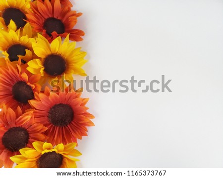 Decorative Fall background with bright autumn colors, sunflowers and leaves. Orange, yellow, and red colors of Fall. 