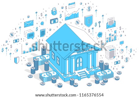 Old cartoon bank building with cash money dollar pile and cent stack cartoon isolated over white background. Isometric vector finance illustration with icons, stats charts and design elements.