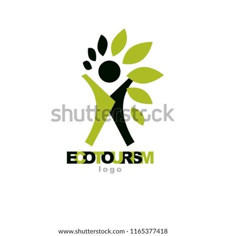 Vector illustration of happy abstract individual with raised hands up. Ecotourism conceptual logo. Environmental conservation theme icon. Green ecology metaphor.