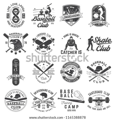 Set of baseball and skateboard club badge. Vector illustration. Concept for shirt or logo, print, stamp or tee. Design with baseball bats, catcher, eagle, ball, skateboarder and skateboard silhouette.