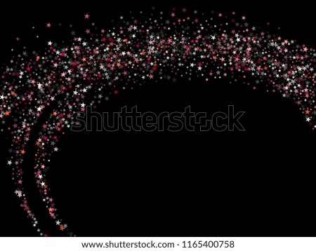 Red geometric star pattern sparkle vector. Premium colored confetti of flying stars, magic geometric sparkles stardust vector background on black. Festive party design.