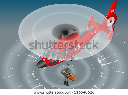 Detailed illustration of a isometric red helicopter in flight in rescue