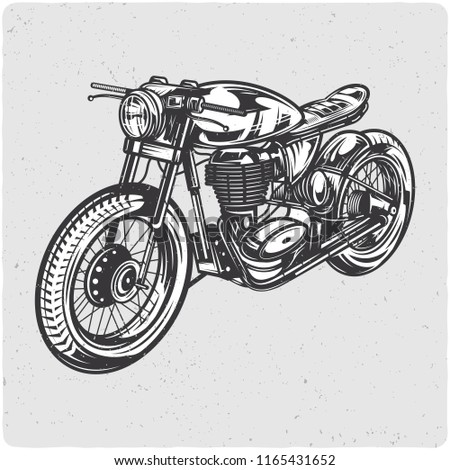 Vintage motorcycle. Black and white illustration. Isolated on light backgrond with grunge noise and frame.