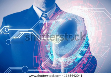 Businessman pushing on a screen, technology or communication background