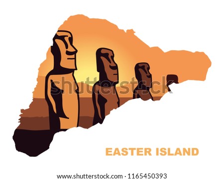 The landscape of Easter island with the famous sculptures at sunset in the form of a map of Easter island. Vector Illustration