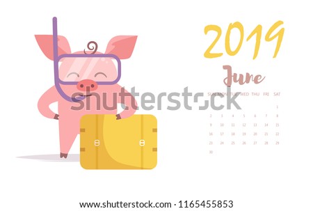 Pig Vector. Cartoon. Isolated art on white background. Flat June calendar 2019