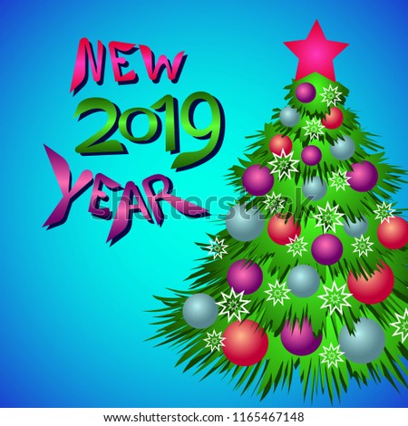 Color inscription New year and Christmas tree with Christmas tree balls on a blue background with stars. Vector illustration.