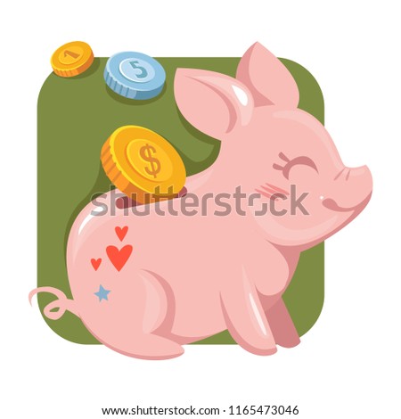 Piggy bank. Colored with coins on a green background. Vector illustration. The symbol of accumulation.
