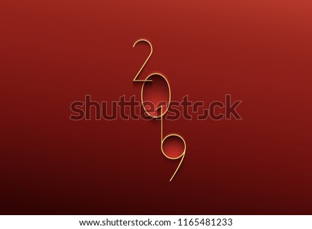 Happy New Year simple illustration greeting card with thin yellow digital numbers for 2019 year on plastic red background.