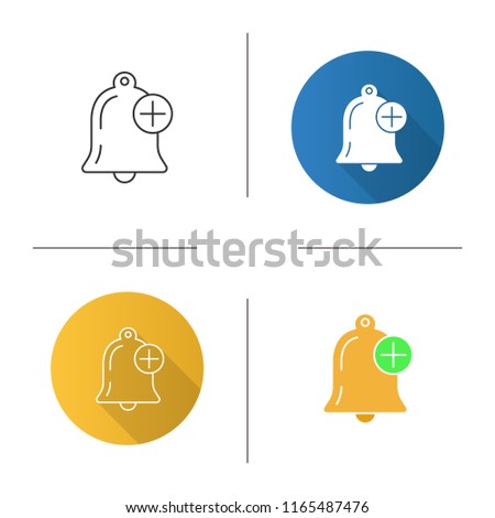 Add alert icon. Bell with plus sign. Notification. Reminder alarm. Flat design, linear and color styles. Isolated vector illustrations