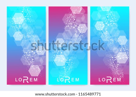 Scientific set of modern vector banners. DNA molecule structure with connected lines and dots. Scientific and technology concept. Wave flow graphic background for your design. Vector illustration