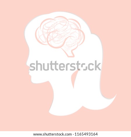Cutout  silhouette of a girl head with neural networks in the brain. Paper cut style vector illustration in white and pink colors. Design for cards or posters.