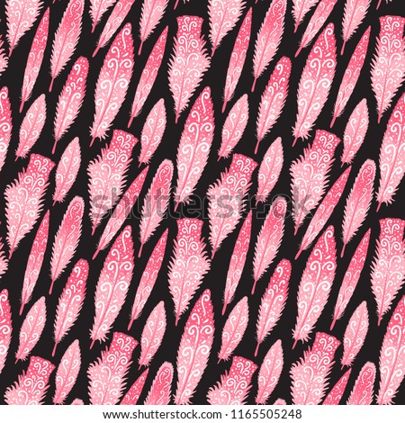 Flamingo feather brigth colorful hand drawn swirls. Seamless pattern. Vector illustration isolated on dark background.