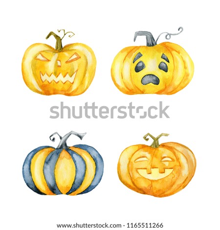 Set of Halloween pumpkins. Hand drawn watercolor illustration. 