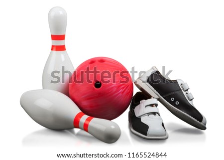 Bowling Skittles, Red Bowling Ball And Bowling Shoes - Isolated