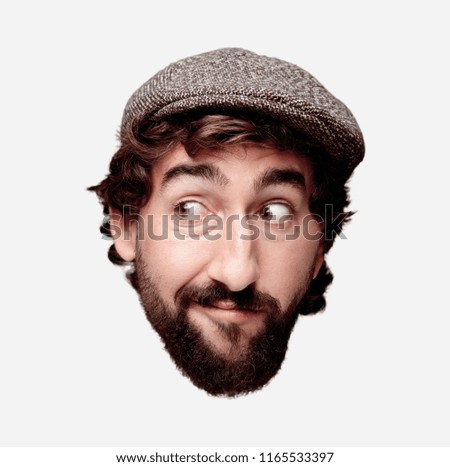 young crazy bearded man cutout head expression isolated. wearing a beret. thinking concept
