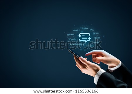 Translator app, language course and e-learning concept. Person with smart phone, symbol of translation (speech bubble with arrows and abstract text) and top ten internet users languages.