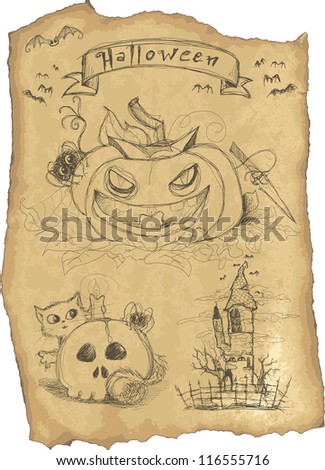 Grunge icon set for Halloween. Digital illustrations of pumpkin, cat with skull, hunted house and bats.